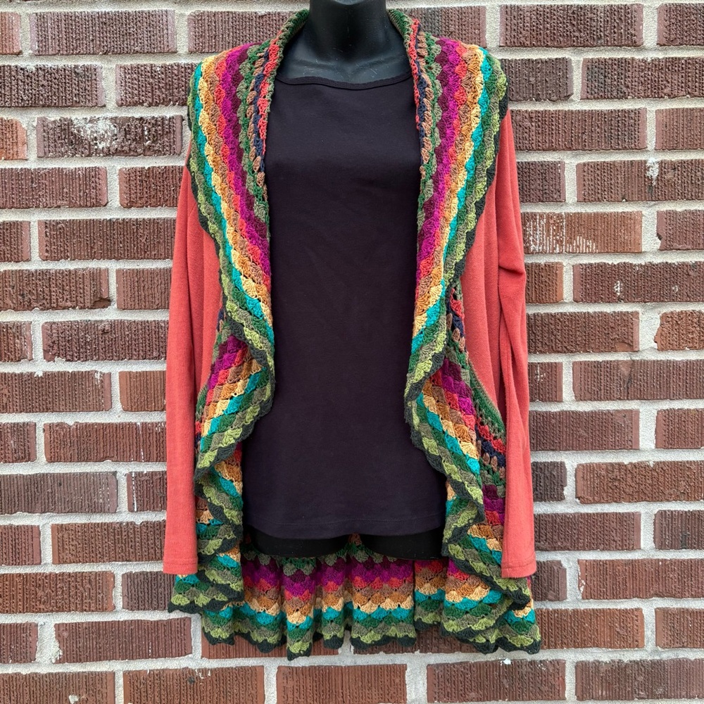 Double Zero Whimsical Women M Sheer Cardigan Jacket Multicolored Crochet Trim